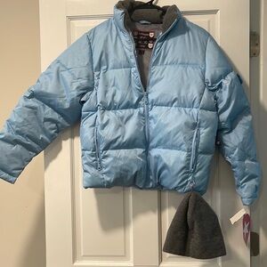 Blue down puffer jacket with hat